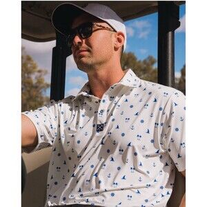 Dixxon Party Polo Shirt Men's White Blue Polo Sea Legs Golf Performance 2X